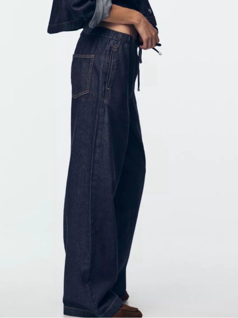 Zara Dark Indigo Drawstring Waist Denim Pants